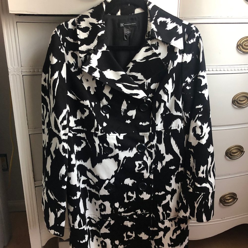 Woman's INC ~ Trench Coat ~ L ~ Black & White Print ~ All Seasons